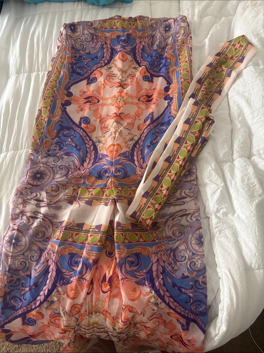 Silky Baroque Print Maxi Dress in Peach, Blue & Green
